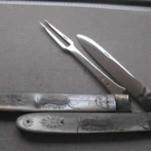 Rare George III Large Matching Mother of Pearl Hafted Silver Bladed Folding Fruit Knife and Fork  SK77