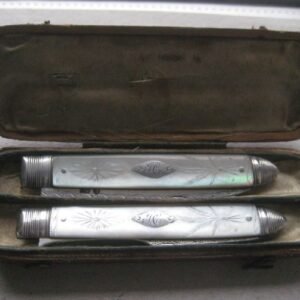 Rare Cased George III Matching Mother of Pearl Hafted Silver Bladed Folding Fruit Knife & Fork SK145